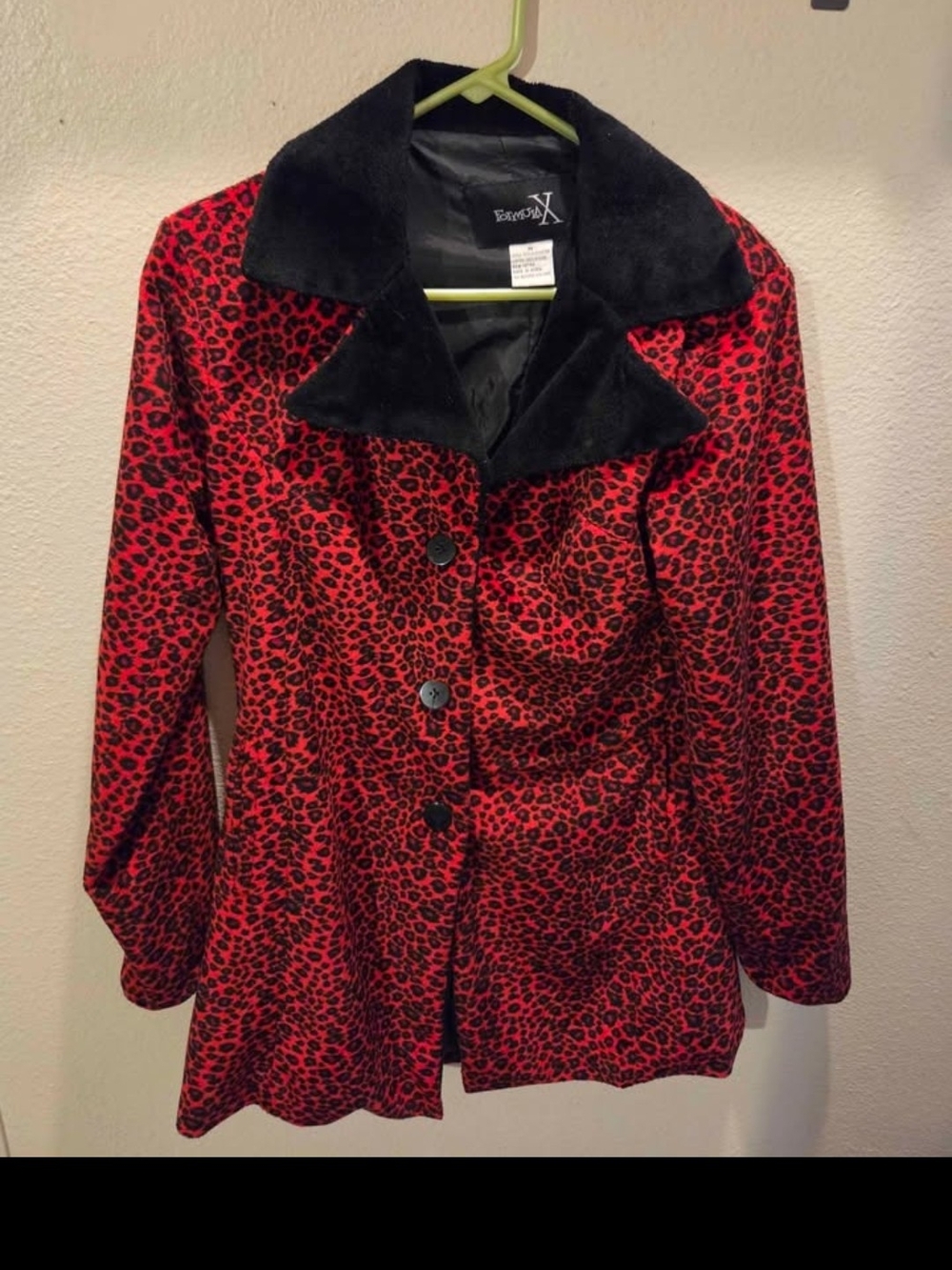 Red Leopard Print Pea Coat with Black Faux Fur Collar
